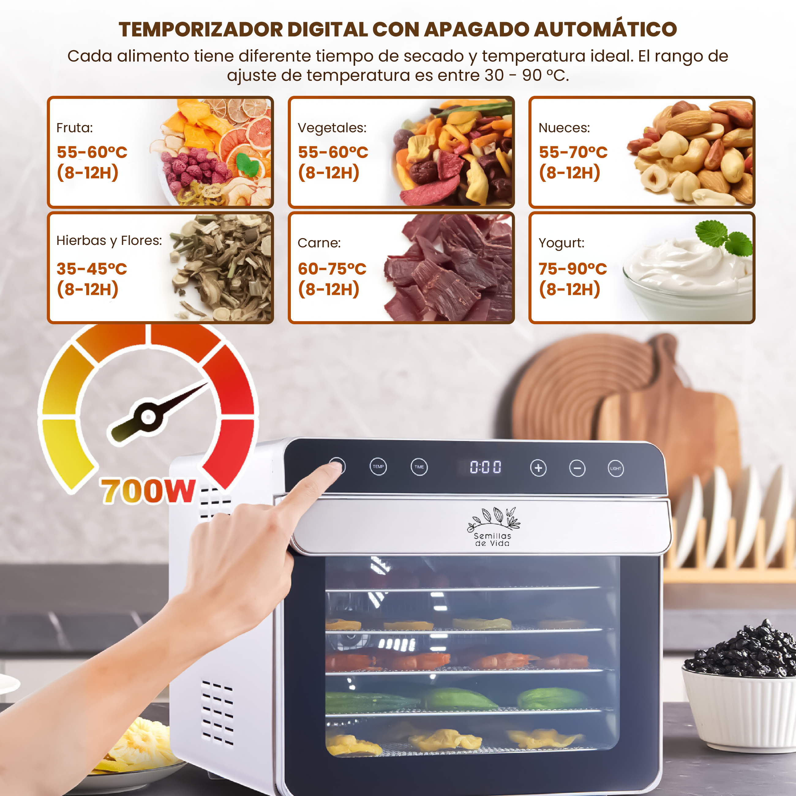Deshidratador de Alimentos Eléctrico 6 Bandejas de Acero Inoxidable con Control de Temperatura