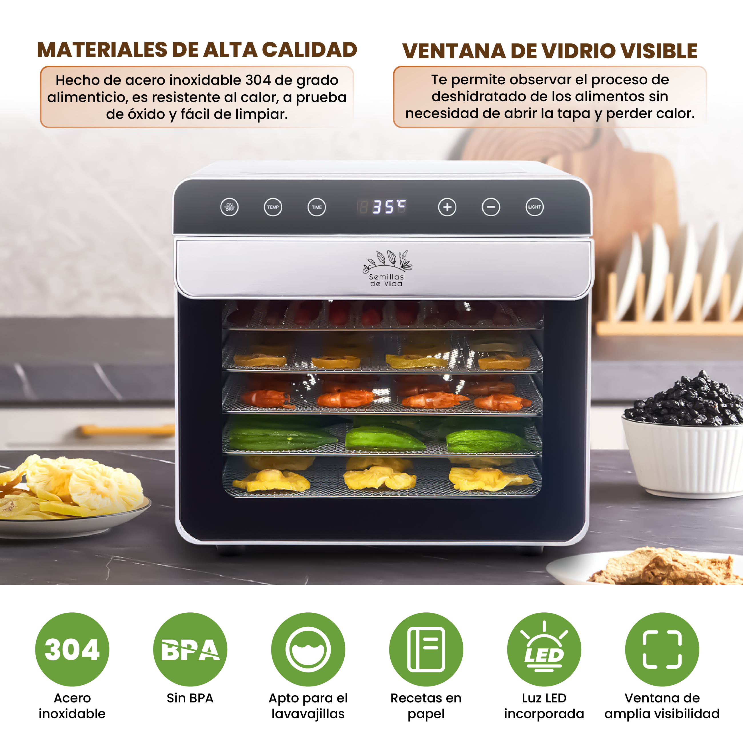 Deshidratador de Alimentos Eléctrico 6 Bandejas de Acero Inoxidable con Control de Temperatura