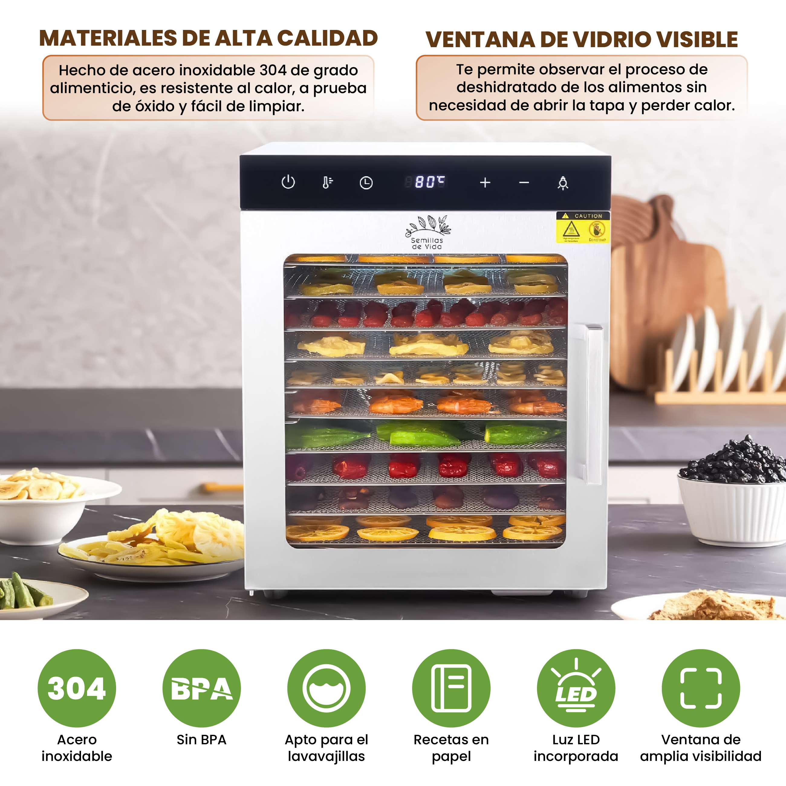 Deshidratador de Alimentos Eléctrico 10 Bandejas de Acero Inoxidable con Control de Temperatura