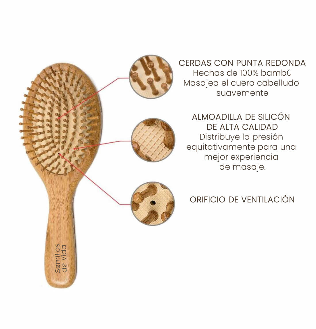 Cepillo de Madera de Bambú Natural para Cabello