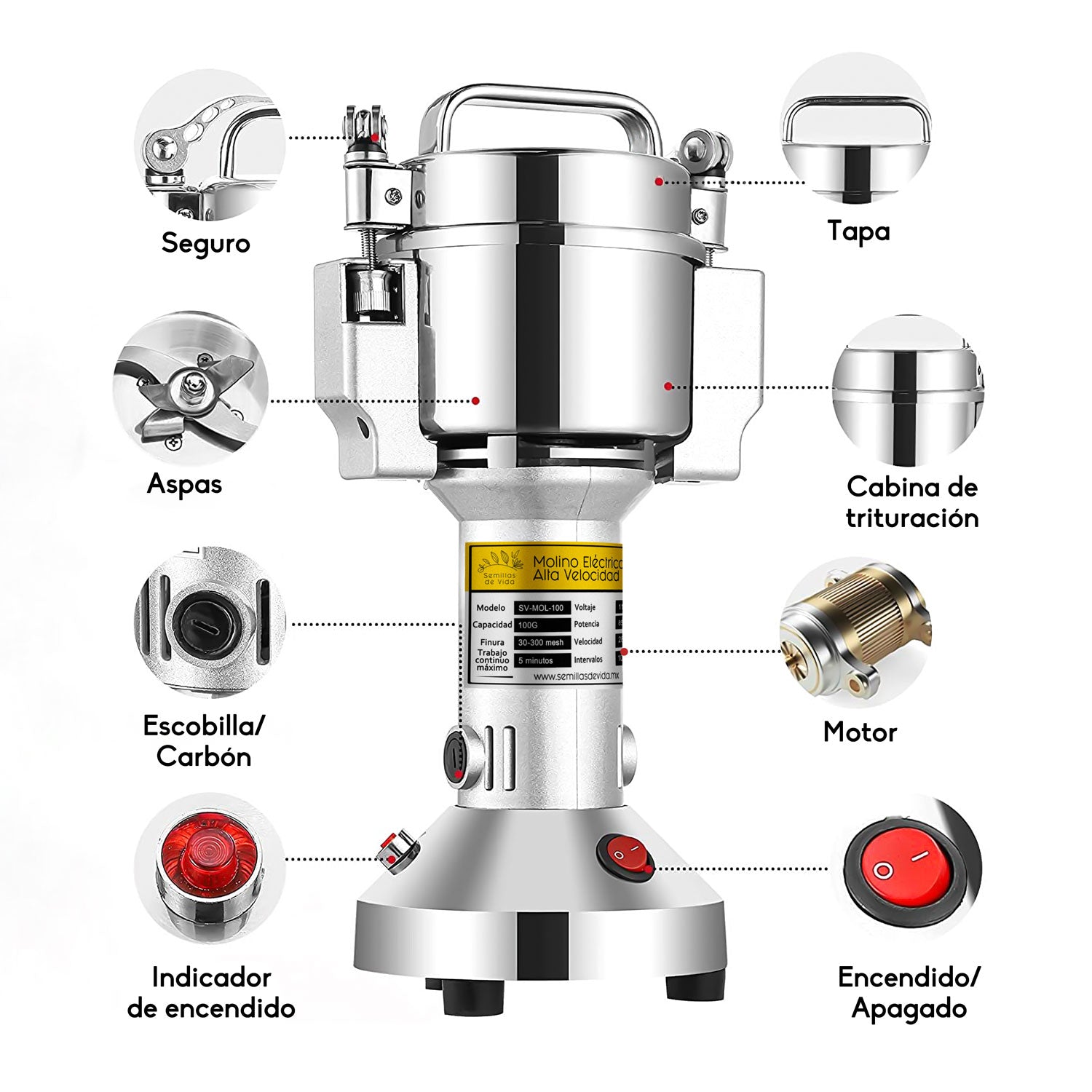 Molino Pulverizador Eléctrico de Granos, Semillas y Especias 100g