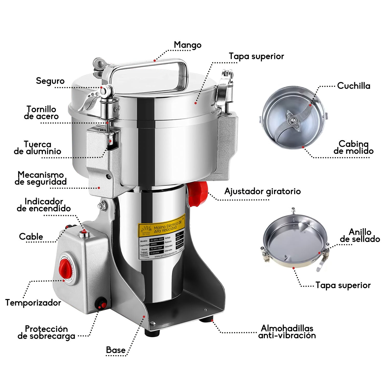 Molino Pulverizador Granos, Semillas y Especias Eléctrico 2Kg