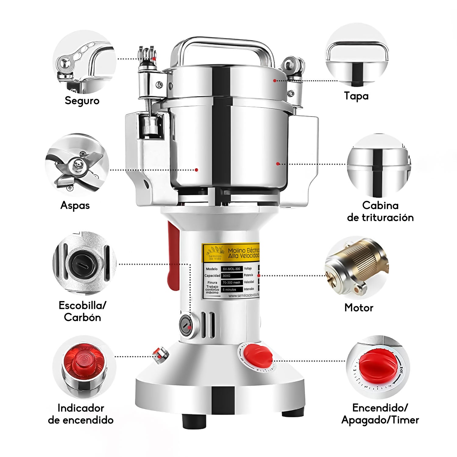 Molino Pulverizador Eléctrico de Granos, Semillas y Especias 300g