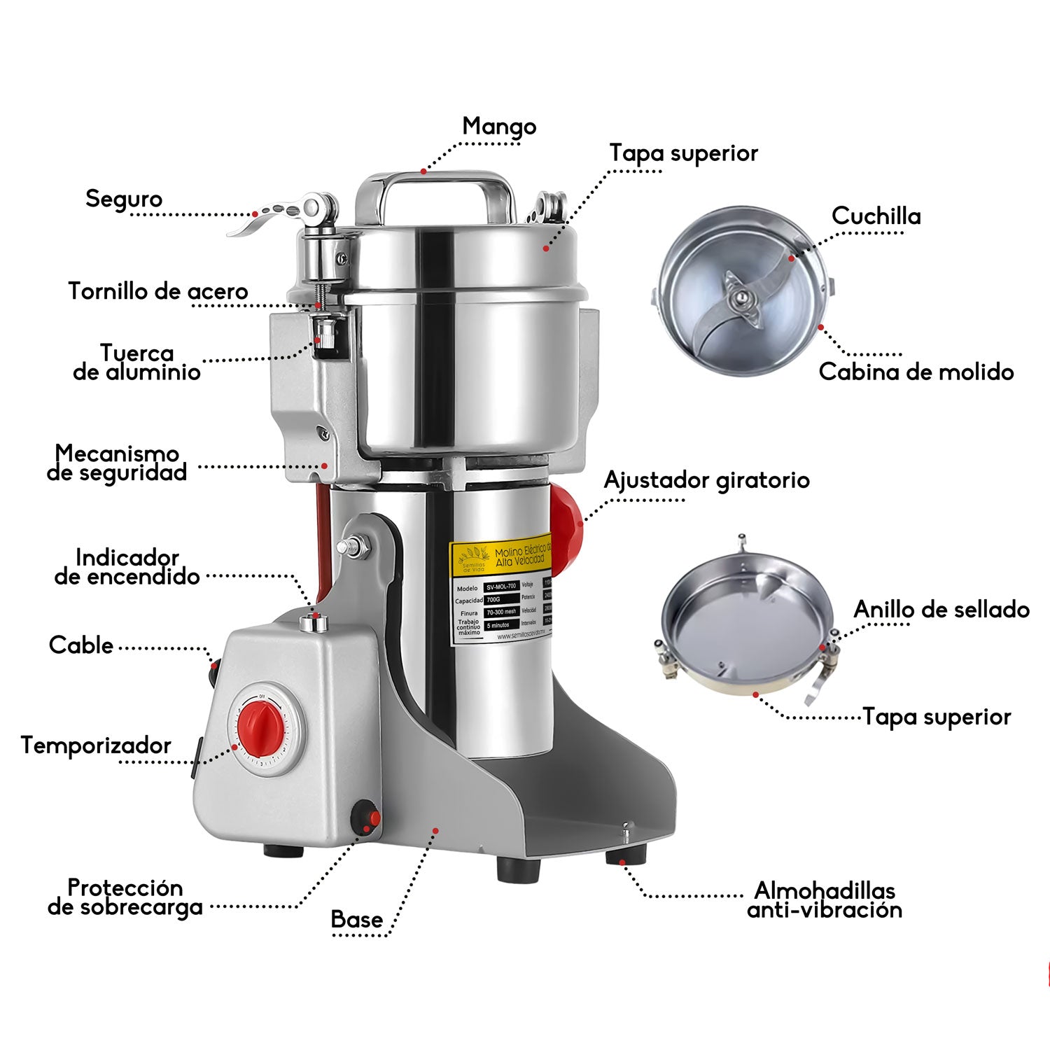 Molino Pulverizador Granos, Semillas y Especias Eléctrico 700g