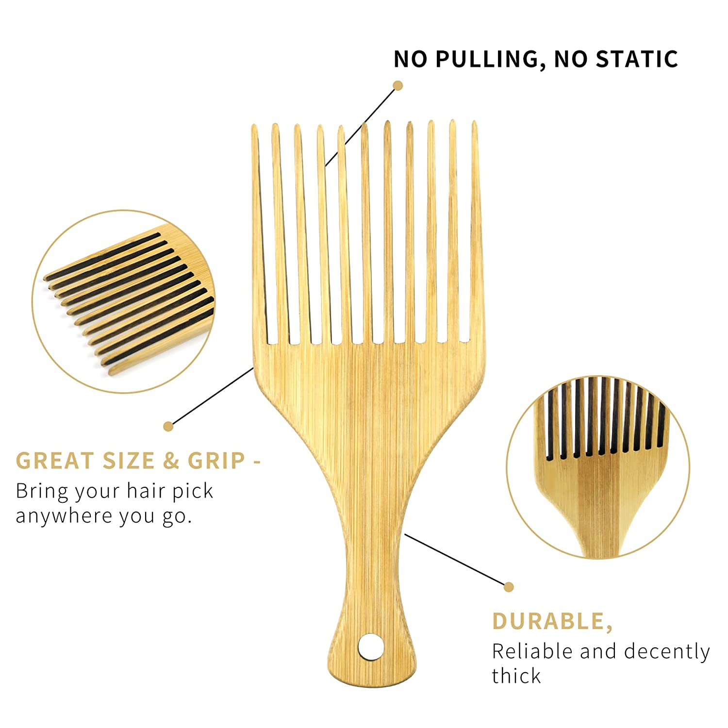 Peine Afro Pick Bambú Natural Volumen Cabello Rizado Chino